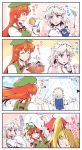  3girls 4koma beret blonde_hair blue_eyes blush braid china_dress chinese_clothes comic commentary commentary_request cooking dress flandre_scarlet frilled_shirt_collar frills from_behind green_hat hat hat_ribbon headdress highres holding holding_hat hong_meiling izayoi_sakuya jewelry kitsune_maru long_hair looking_at_viewer maid maid_headdress mob_cap multiple_girls necklace needle orange_eyes pink_shirt redhead ribbon salt sewing sewing_kit sewing_needle shirt short_hair side_ponytail silver_hair star sweatdrop tangzhuang touhou translation_request twin_braids wrist_cuffs 