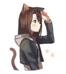  1girl animal_ears aqua_eyes bang_dream! blue_jacket blush brown_hair cat_ears cat_tail cropped_jacket cropped_torso from_side grey_hoodie hair_ornament hairclip hand_on_ear hood hood_down hoodie jacket kemonomimi_mode layered_clothing long_sleeves medium_hair okusawa_misaki paw_print simple_background solo sweatdrop tail unapoppo upper_body white_background 