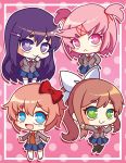  4girls :&lt; :d black_legwear blue_eyes bow brown_hair chibi commentary doki_doki_literature_club english_commentary eyebrows_visible_through_hair green_eyes hair_bow hair_ornament hair_ribbon hairclip hands_on_hips heart heart-shaped_pupils long_hair looking_at_viewer monika_(doki_doki_literature_club) multiple_girls natsuki_(doki_doki_literature_club) open_mouth outline outstretched_arm pink_background pink_eyes pink_hair polka_dot polka_dot_background ponytail red_bow ribbon runeechan sayori_(doki_doki_literature_club) school_uniform short_hair smile symbol-shaped_pupils two_side_up white_legwear white_outline white_ribbon 