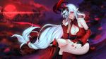  1girl alternate_costume alternate_eye_color alternate_skin_color bare_shoulders black_legwear breasts cleavage detached_sleeves highres horn in_tree large_breasts league_of_legends legs_crossed long_hair looking_at_viewer low-tied_long_hair mask nail_polish one_eye_covered outdoors pink_eyes pointy_ears red_legwear red_nails shin_guards sitting smile solo soraka tianlluo tree white_hair 