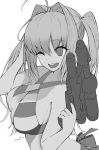  1girl ahoge fate/grand_order fate_(series) greyscale hair_intakes holding_water_gun long_hair monochrome nero_claudius_(fate)_(all) nero_claudius_(swimsuit_caster)_(fate) one_eye_closed open_mouth ponytail red_ribbon ribbon smile solo striped striped_swimsuit swimsuit water_gun 