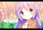  1girl bangs blue_eyes blue_hair blurry blurry_background blush brown_jacket chinomaron closed_mouth collarbone commentary_request day depth_of_field eyebrows_visible_through_hair flower gochuumon_wa_usagi_desu_ka? hair_between_eyes hair_ornament head_tilt hood hood_down hooded_jacket jacket kafuu_chino letterboxed outdoors pink_flower shirt signature smile solo white_shirt x_hair_ornament 
