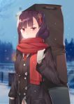  1girl absurdres bangs black_coat black_legwear blazer blunt_bangs blurry blurry_background blush breath brown_hair buckle cityscape closed_mouth coat eyebrows_visible_through_hair girls_frontline gloves hair_ornament hair_ribbon highres holding_strap jacket lamppost long_hair long_sleeves looking_at_viewer madao necktie one_side_up open_clothes open_coat outdoors pantyhose pinky_out purple_hair red_eyes red_neckwear red_scarf ribbon scarf snow snowflake_hair_ornament snowflake_print snowing solo sparkle standing sweatdrop tsundere tsurime very_long_hair wa2000_(girls_frontline) weapon_bag white_gloves window 