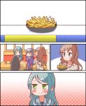  5girls aqua_hair bang_dream! black_hair blush bowl butterfly_hair_ornament comic food french_fries green_eyes grey_sweater hair_ornament half_updo highres hikawa_sayo holding holding_bowl imai_lisa jitome kyou_(user_gpks5753) long_hair minato_yukina multiple_girls polka_dot polka_dot_background restaurant ribbed_sweater roselia_(bang_dream!) shirokane_rinko silent_comic silver_hair sweatdrop sweater table twintails udagawa_ako wavy_mouth yellow_eyes 