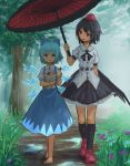  2girls :t bag barefoot bird_wings black_legwear blouse blue_eyes blue_hair blush bow bowtie breasts cirno collared_shirt commentary dress eating flower food forest grass hair_bow hat height_difference highres ice ice_wings low_wings medium_breasts mud multiple_girls nature outdoors rain red_footwear roke_(taikodon) shameimaru_aya shared_umbrella shirt skirt socks tokin_hat touhou tree umbrella wings 