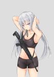  1girl ak-12 ak-12_(girls_frontline) armpits arms_behind_head arms_up bare_shoulders bike_shorts black_ribbon breasts cleavage girls_frontline graphite_(medium) grey_background gun hair_between_eyes highres large_breasts long_hair mechanical_pencil midriff mouth_hold navel pencil red_eyes ribbon ribbon_in_mouth rozenberg shirt sidelocks silver_hair simple_background sling solo sports_bra taut_clothes taut_shirt thighs traditional_media tying_hair weapon 