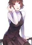  1girl :d absurdres arm_support bangs black_legwear black_skirt blunt_bangs brown_hair eyebrows_visible_through_hair hand_in_hair highres looking_at_viewer miniskirt niijima_makoto open_mouth pantyhose persona persona_5 pleated_skirt red_eyes shirt short_hair sitting skirt smile solo white_background white_shirt yft000 