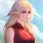  1girl au_ra blonde_hair blurry blurry_background china_dress chinese_clothes closed_mouth commission day dragon_horns dress earrings final_fantasy final_fantasy_xiv flower hair_flower hair_ornament highres horns jewelry lips long_hair nguyen_uy_vu outdoors portrait sleeveless solo violet_eyes 