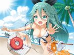  1girl beach_chair bikini black_bikini_bottom blue_sky blush breasts coconut_tree crying crying_with_eyes_open day e16a_zuiun enemy_lifebuoy_(kantai_collection) green_eyes green_hair hair_ornament hair_ribbon hairclip highres ice ice_cube kantai_collection long_hair medium_breasts open_mouth palm_tree ribbon sailor_bikini sailor_collar shinkaisei-kan side-tie_bikini sky soba_(sobaya1938) sun swimsuit tears tree tripping yamakaze_(kantai_collection) 