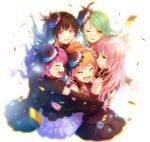  5girls aqua_hair bang_dream! bangs black_flower black_hair black_rose blue_flower blue_rose blurry blush brown_hair closed_eyes commentary_request confetti crying detached_sleeves dress earrings feathers flower frilled_sleeves frills group_hug hair_feathers hair_flower hair_ornament highres hikawa_sayo hug imai_lisa izu_(izzzzz27) jewelry lace-trimmed_sleeves lace_choker lavender_hair long_hair minato_yukina multiple_girls no_legs one_eye_closed open_mouth ponytail purple_hair rose roselia_(bang_dream!) shirokane_rinko smile tears twintails udagawa_ako violet_eyes wiping_tears yellow_eyes 