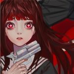  1girl asagiri_aya blood bloody_tears brown_hair crying gun holding holding_gun holding_weapon long_hair looking_at_viewer mahou_shoujo_site parted_lips portrait red_eyes school_uniform solo symbol-shaped_pupils weapon ziiiing 