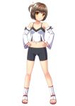  1girl bike_shorts brown_eyes brown_hair camisole collarbone detached_sleeves eyebrows_visible_through_hair hair_ornament hairband hands_on_hips ki_(kk-sk-ray) legs_apart looking_at_viewer navel original red_hairband short_hair smile solo white_background 