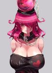  1girl arms_behind_back bare_shoulders breasts chains choker cleavage collarbone commentary_request earrings grey_background hair_in_mouth hair_over_one_eye hecatia_lapislazuli highres huge_breasts jewelry lips no_nose off_shoulder parted_lips polos_crown raptor7 red_eyes redhead shirt simple_background touhou upper_body 