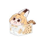  1girl :d animal_ears batta_(ijigen_debris) blush_stickers bow bowtie box brown_eyes chibi elbow_gloves gloves in_box in_container kemono_friends open_mouth orange_hair orange_skirt round_teeth serval_(kemono_friends) serval_ears serval_print short_hair simple_background skirt smile solo teeth transparent white_background 