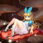  1girl alice_(wonderland) alice_in_wonderland bangs blonde_hair blue_eyes blue_ribbon blue_shirt blurry boots depth_of_field dress fei_shui hair_between_eyes hair_ribbon high_collar high_heel_boots high_heels highres knees_together_feet_apart light_particles long_hair looking_at_viewer lying mushroom on_back open_mouth original petticoat pinafore_dress puffy_short_sleeves puffy_sleeves reclining ribbon shirt short_sleeves solo 