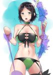  1girl arrow bare_shoulders bikini black_hair bow_(weapon) breasts circlet cleavage feathers fire_emblem fire_emblem:_kakusei fire_emblem_heroes holding holding_arrow holding_bow_(weapon) holding_weapon large_breasts mejiro midriff navel noire_(fire_emblem) open_mouth partially_colored short_hair solo swimsuit weapon 