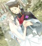  1girl blue_eyes blush breasts brown_hair capelet cleavage commentary_request couple darling_in_the_franxx dress flower grey_hair hair_flower hair_ornament half-closed_eyes hand_holding hat kokoro_(darling_in_the_franxx) long_sleeves looking_at_another married military military_hat military_uniform mitsuru_(darling_in_the_franxx) outdoors petals shiya_(mizushibuki) sleeveless sleeveless_dress smile strapless strapless_dress tied_hair uniform wedding wedding_dress 