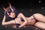  1girl bob_cut breasts eyeshadow fangs fate/grand_order fate_(series) headpiece highres lying makeup navel on_side oni_horns open_mouth petals petals_on_liquid purple_hair revealing_clothes short_eyebrows short_hair shuten_douji_(fate/grand_order) small_breasts solo violet_eyes zyl 