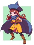  1girl :o alena_(dq4) bangs belt black_belt black_legwear blue_cape blue_hat boots breasts brown_footwear brown_gloves brown_hair cape clenched_hands curly_hair dragon_quest dragon_quest_iv dress earrings eyebrows eyebrows_visible_through_hair full_body gloves hat highres jewelry legs_apart long_hair nazonazo_(nazonazot) open_mouth orange_dress pantyhose red_eyes short_sleeves small_breasts solo standing swept_bangs tongue 