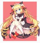  1girl :3 :d animal_ears apron bangs bell black_bow black_dress black_footwear blonde_hair blue_eyes blush bow cat_ears cat_girl cat_tail character_request cup dress eyebrows_visible_through_hair frilled_apron frills hair_between_eyes hair_bow head_tilt holding holding_cup jingle_bell kneehighs long_hair looking_at_viewer maid maid_headdress mary_janes open_mouth puffy_short_sleeves puffy_sleeves red_bow ringlets shoes short_sleeves smile solo steam tail tail_bell tail_bow teacup tengxiang_lingnai twintails very_long_hair waist_apron white_apron white_legwear zhan_jian_shao_nyu 
