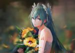  1girl aqua_eyes aqua_hair bare_shoulders blurry blurry_background bouquet commentary_request erjian flower hair_between_eyes hair_ribbon hatsune_miku highres holding holding_bouquet long_hair looking_at_viewer number_tattoo petals pink_ribbon ribbon solo tattoo twintails vocaloid 