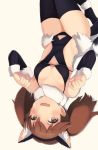  1girl animal_ears black_legwear black_swimsuit blush breasts brown_eyes brown_hair cat_ears covered_navel detached_sleeves eyebrows_visible_through_hair fake_animal_ears fang fur_trim hairband highres kantai_collection looking_at_viewer lying medium_breasts o-ring_top on_back open_mouth ryuujou_(kantai_collection) smile solo sonzai_soumei swimsuit thigh-highs twintails 