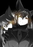  2girls animal_ears bangs blazer bow bowtie brown_eyes closed_mouth commentary ezo_red_fox_(kemono_friends) fox_ears frown glaring gloves greyscale halftone hand_on_another&#039;s_shoulder highres jacket kaya_(nari1-24) kemono_friends long_hair looking_at_viewer monochrome multiple_girls silver_fox_(kemono_friends) spot_color standing upper_body 