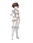  1girl boots brown_hair eyepatch grey_eyes hand_on_hip long_sleeves looking_at_viewer original pants shirt short_hair simple_background smile solo sookmo white_armor white_background white_footwear white_pants white_shirt 