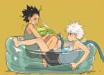  2boys bare_arms bare_legs bare_shoulders barefoot black_hair brown_eyes camisole closed_eyes commentary_request food from_side full_body gon_freecss holding hose hunter_x_hunter killua_zoldyck looking_at_another male_focus mouth_hold multiple_boys open_mouth popsicle short_hair shorts simple_background spiky_hair toes urando wading_pool water water_gun wet white_hair 