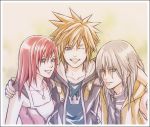  1girl 2boys blue_eyes breasts brown_hair commentary_request dress gloves green_eyes jewelry kairi_(kingdom_hearts) kingdom_hearts kingdom_hearts_ii long_hair multiple_boys necklace redhead riku short_hair silver_hair smile sora_(kingdom_hearts) 