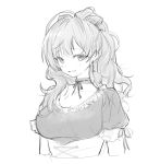  1girl :3 ahoge breasts choker cleavage closed_mouth commentary_request earrings fpanda greyscale highres ichinose_shiki idolmaster idolmaster_cinderella_girls jewelry large_breasts long_hair looking_at_viewer monochrome puffy_short_sleeves puffy_sleeves ribbon_choker short_sleeves simple_background sketch smile solo upper_body white_background 