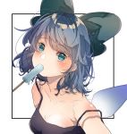  1girl abstract_background aqua_eyes blue_hair blush breasts camisole cirno cleavage food highres mouth_hold poji_east24 popsicle solo strap_slip touhou 