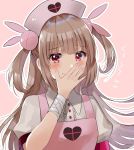 &gt;_&lt; 1girl apron bangs blush bunny_hair_ornament center_frills closed_mouth commentary_request eyebrows_visible_through_hair fang fang_out fingernails frills hair_ornament hand_to_own_mouth hand_up hat heart light_brown_hair long_hair looking_at_viewer myusha nail_polish natori_sana nurse_cap pink_apron pink_hat pink_nails puffy_short_sleeves puffy_sleeves red_eyes sana_channel shirt short_sleeves smile solo translated two_side_up very_long_hair virtual_youtuber white_shirt 