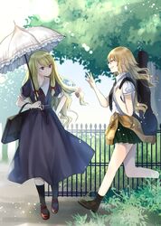  2girls absurdres adapted_costume bag blonde_hair bow casual clothes_around_waist dress fence green_skirt hair_bow hand_on_hip highres holding holding_umbrella instrument_case leaf long_hair looking_at_another matara_okina mimoto_(aszxdfcv) multiple_girls plant pleated_skirt puffy_short_sleeves puffy_sleeves purple_bow purple_dress sharp_teeth shirt short_sleeves skirt smile sweater_around_waist teeth touhou tree umbrella violet_eyes waving white_shirt yakumo_yukari yellow_eyes 