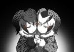  2girls bangs brown_eyes closed_mouth commentary eurasian_eagle_owl_(kemono_friends) frown fur_collar greyscale halftone hands_together head_wings interlocked_fingers kaya_(nari1-24) kemono_friends looking_at_viewer monochrome multiple_girls northern_white-faced_owl_(kemono_friends) red_eyes short_hair spot_color standing symmetrical_hand_pose symmetry upper_body 