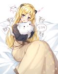  1girl :3 :d =_= animal animal_hug bangs bed_sheet blonde_hair blue_eyes blush brown_skirt cat closed_mouth commentary_request earrings eyebrows_visible_through_hair girls_frontline hair_ornament hanbok head_tilt heart highres jewelry k5_(girls_frontline) korean korean_clothes long_skirt long_sleeves looking_at_viewer open_mouth parted_bangs sidelocks sitting skirt smile solid_circle_eyes solo spoken_expression tandohark translation_request 