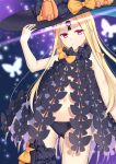  1girl abigail_williams_(fate/grand_order) arm_up asymmetrical_legwear bangs black_bow black_hat black_legwear black_panties blonde_hair blurry blurry_background bow bug butterfly commentary_request depth_of_field fate/grand_order fate_(series) glowing gluteal_fold hand_on_hip hat hat_bow insect long_hair looking_at_viewer navel orange_bow panties parted_bangs polka_dot polka_dot_bow revealing_clothes siika_620 single_thighhigh skull_print solo stuffed_animal stuffed_toy teddy_bear thigh-highs topless underwear very_long_hair violet_eyes witch_hat 