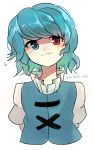  1girl :3 absurdres artist_name asuku_(69-1-31) bangs blue_eyes blue_hair blue_vest blush closed_mouth facing_viewer heterochromia highres looking_at_viewer motion_lines pixiv_id puffy_sleeves red_eyes shirt short_hair simple_background smile solo tatara_kogasa touhou vest white_background white_shirt 