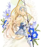  1girl :d armor armored_dress backless_outfit banner bare_back blonde_hair blue_eyes blush fate/grand_order fate_(series) flagpole flower gauntlets headpiece highres jeanne_d&#039;arc_(fate) jeanne_d&#039;arc_(fate)_(all) long_hair looking_at_viewer looking_back open_mouth saijou_haruki smile solo very_long_hair 