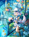  1girl balloon black_legwear blue_eyes breasts bubble bug butterfly cube detached_sleeves fish insect kneehighs koi kutsunohito medium_breasts original phonograph pipe short_hair silver_hair solo starfish tower white_hair 