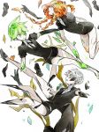  4others androgynous braid breaking broken cairngorm_(houseki_no_kuni) colored_eyelashes crystal gem gem_uniform_(houseki_no_kuni) golden_arms green_eyes green_hair houseki_no_kuni long_hair missing_limb multicolored_hair multiple_braids necktie orange_eyes orange_hair out_of_frame peridot_(houseki_no_kuni) phosphophyllite shards short_hair shumiko_(kamenokoueki) sphene_(houseki_no_kuni) white_background white_eyes white_hair 