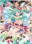  1girl :d akkijin bare_shoulders blue_hair boots card_(medium) carnival dress fairy fairy_wings fireworks flower hair_flower hair_ornament multicolored multicolored_clothes official_art open_mouth pixie_servant_(shinkai_no_valkyrie) pointy_ears red_eyes shinkai_no_valkyrie smile solo wings 