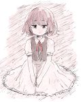  1girl :| brown_vest closed_mouth collared_dress dot_nose dress expressionless eyebrows_visible_through_hair frilled_dress frills full_body jitome lavender_hair looking_at_viewer neck_ribbon original panzuban pink_background puffy_short_sleeves puffy_sleeves red_eyes red_ribbon ribbon short_hair short_sleeves sitting solo v_arms vest white_dress 