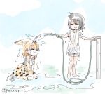  2girls ^_^ alternate_costume animal_ears animal_print bare_legs bare_shoulders barefoot black_hair blue_sky bow bowtie closed_eyes closed_mouth day ears_down elbow_gloves extra_ears eyebrows_visible_through_hair facing_another full_body gloves hands_up happy high-waist_skirt hose kaban_(kemono_friends) kemono_friends multiple_girls no_hat no_headwear no_legwear open_mouth orange_hair outdoors panzuban print_bow print_gloves print_legwear print_neckwear print_skirt see-through serval_(kemono_friends) serval_ears serval_print shirt short_hair short_sleeves shorts sitting skirt sky sleeveless smile thigh-highs twitter_username wariza water wet wet_clothes wet_hair wet_shirt white_footwear white_shirt |3 |d 