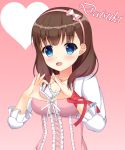  1girl :d arm_ribbon bangs blue_eyes blush breasts brown_hair camisole cleavage commentary_request eyebrows_visible_through_hair fingernails hands_up heart heart-shaped_pupils heart_hands highres idolmaster idolmaster_cinderella_girls long_hair long_sleeves looking_at_viewer medium_breasts open_mouth pink_background pink_camisole puffy_long_sleeves puffy_sleeves red_ribbon ribbon romaji sakuma_mayu shirt smile solo symbol-shaped_pupils upper_body urarara_(shlsz_22728) white_shirt 