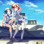  2girls absurdres aircraft blue_hair brown_hair clouds day graphite_(medium) green_eyes ground_vehicle highres military military_vehicle motor_vehicle multiple_girls original pink_eyes school_uniform short_hair sky smile tank tank_turret traditional_media type_10_(tank) zhongye_yu 