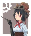  1girl animal_skull bandanna black_gloves black_hair corset elbow_gloves gears gloves hat headgear leather leather_gloves looking_at_viewer pipe red_eyes roke_(taikodon) shameimaru_aya short_hair smile solo steampunk touhou wrist_cuffs 