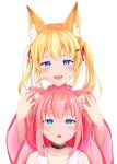  2girls ahoge animal_ears bell blonde_hair blue_eyes cat_ears choker detached_sleeves fox_ears hair_ornament hand_on_another&#039;s_ear highres hinata_channel jingle_bell kemomimi_oukoku_kokuei_housou long_hair low_twintails mikoko_(kemomimi_oukoku_kokuei_housou) multiple_girls nekomiya_hinata open_mouth pink_hair ribbon smile touching_ears twintails upper_body vest virtual_youtuber white_vest 