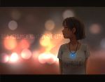  1girl 2018 arms_behind_back blurry bokeh breasts brown_eyes brown_hair city_lights clothes_writing depth_of_field english glowing heart_pendant letterboxed looking_to_the_side night original outdoors profile shirt short_hair short_sleeves small_breasts solo t-shirt tatalu upper_body 