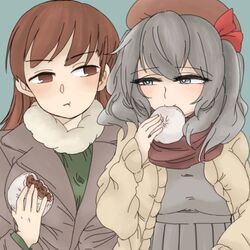  2girls :t alternate_costume baozi brown_eyes brown_hair eating food fur_trim grey_eyes hat holding holding_food kantai_collection kashima_(kantai_collection) long_hair multiple_girls nekura_kuroraro ooi_(kantai_collection) red_ribbon ribbon silver_hair upper_body 